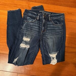 American Eagle Outfitters Women's Dark Blue Ripped Skinny Jeans